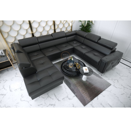 NAROŻNIK ORION MAX I Z FUNKCJĄ SPANIA 225X350X255 CM SKÓRA NATURALNA - Skóra czarna , Strona prawa