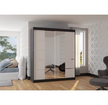 Tolóajtós szekrény tükörrel TRAVES 180 Fekete+Fehér