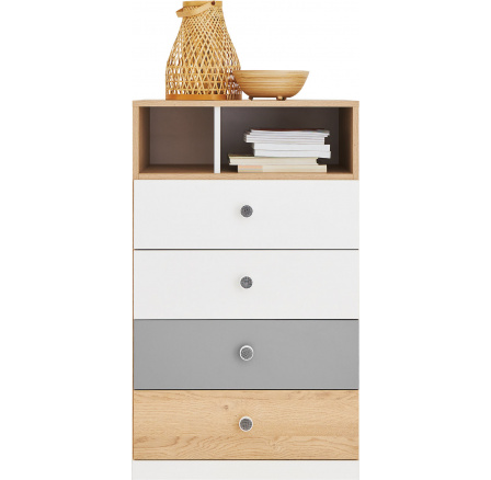 PIXEL PX10 komód, Keksz Tölgy/Fehér Lux/Szürke