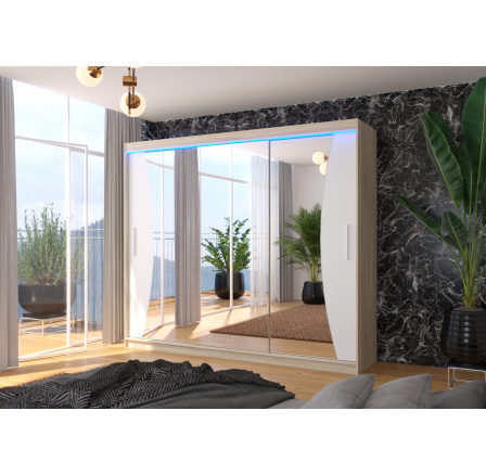 Tolóajtós szekrény tükörrel és LED világítással DIEGO 250 Sonoma+Fehér