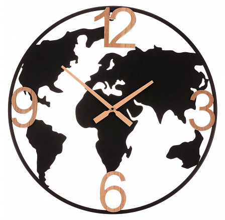 Hodiny nástěnné - pr. 60 cm, kov a dřevěné číslice, mapa světa