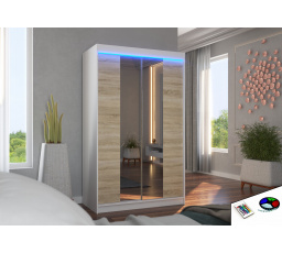 Tolóajtós szekrény tükörrel és LED világítással MARVIN 120 Fehér+Sonoma