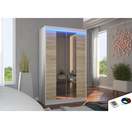 Tolóajtós szekrény tükörrel és LED világítással MARVIN 120 Fehér+Sonoma