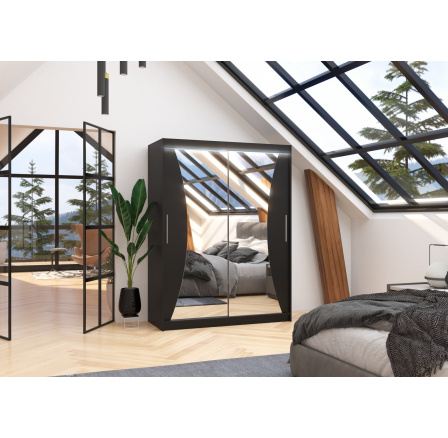 Tolóajtós szekrény tükörrel és LED világítással MAX 150 Fekete+Fekete