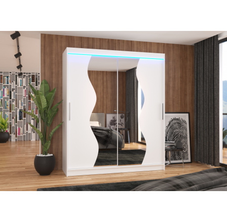 Tolóajtós szekrény tükörrel és LED világítással MEDISON 180 Fehér+Fehér