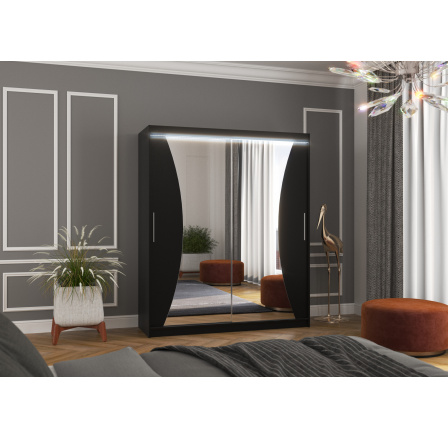 Tolóajtós szekrény tükörrel és LED világítással CHARLOTTE 180 Fekete+Fekete
