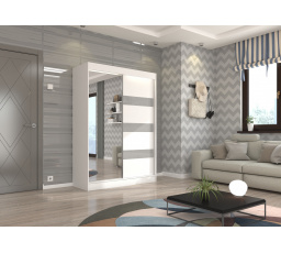 Tolóajtós szekrény tükörrel és lacobellel TOURA 150 Fehér+Szürke Lacobel