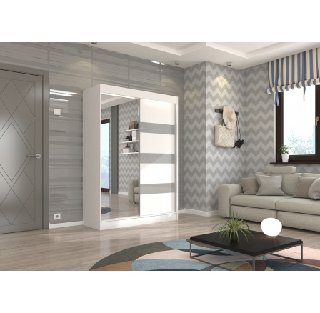 Tolóajtós szekrény tükörrel és lacobellel TOURA 150 Fehér+Szürke Lacobel