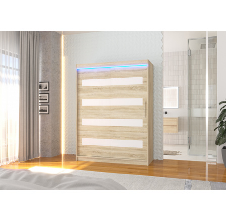 Tolóajtós szekrény lacobellel és LED világítással MARTINEZ 150 Sonoma+Fehér Lacobel