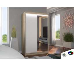 Tolóajtós szekrény tükörrel és LED világítással REWENA 120 Sonoma+Fehér