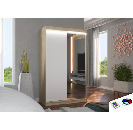 Tolóajtós szekrény tükörrel és LED világítással REWENA 120 Sonoma+Fehér