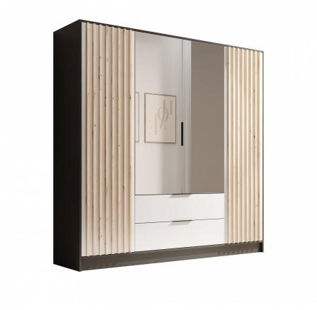 Neri 200 tolóajtós és tükrös ruhásszekrény Fekete+Fehér