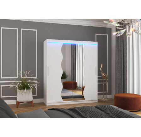 Tolóajtós szekrény tükörrel és LED világítással KANSAS 180 Fehér+Fehér