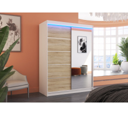 Tolóajtós szekrény tükörrel és LED világítással LIMBO 150 Fehér+Sonoma