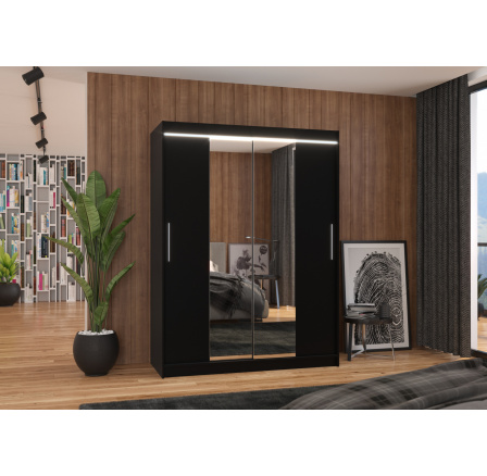 Tolóajtós szekrény tükörrel és LED világítással INESS 150 Fekete+Fekete