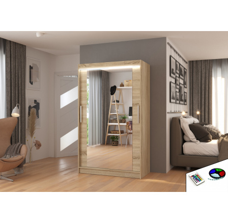 Tolóajtós szekrény tükörrel és LED világítással TIBAGO 120 Sonoma+Sonoma