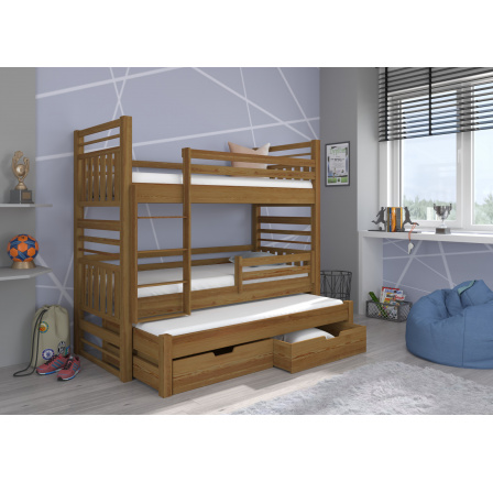 Háromszemélyes emeletes ágy matracokkal HIPPO 200x90 Tölgy