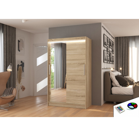 Tolóajtós szekrény tükörrel és LED világítással BARIO 120 Sonoma+Sonoma