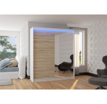 Tolóajtós szekrény tükörrel és LED világítással CARO 180 Fehér+Sonoma