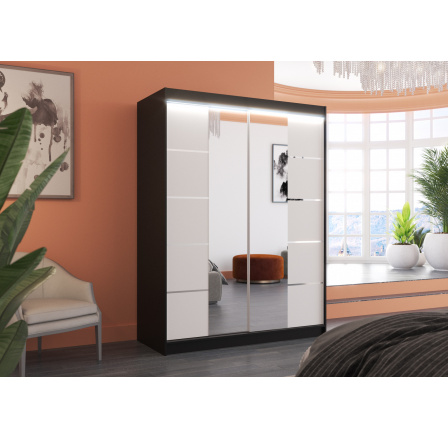 Tolóajtós szekrény tükörrel és LED világítással NORDIC 150 Fekete+Fehér