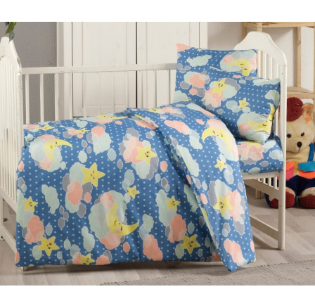 Bavlněné dětské povlečení do malé postýlky 90x135, 45x60 cm obloha modrá nitěný knoflík