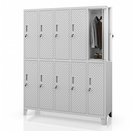 BHP ruhásszekrény, rekeszes, perforált, 10 rekesz, szürke, 1360x1720x450 mm: BARTEK PRO BHP ruhásszekrény, rekeszes, perforált, 10 rekesz, szürke, 1360x1720x450 mm: BARTEK PRO
