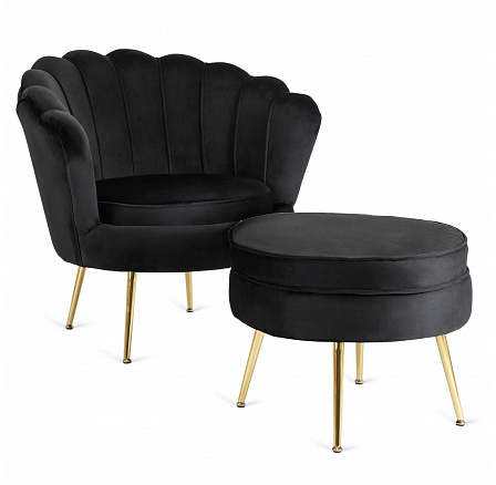 Fotel GRAND z Podnóżkiem Czarny Welurowy