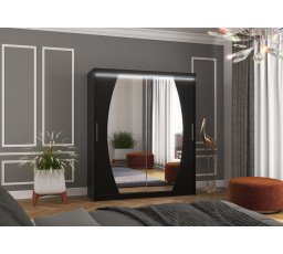 Tolóajtós szekrény tükörrel és LED világítással BALTIMORE 180 Fekete+Fekete