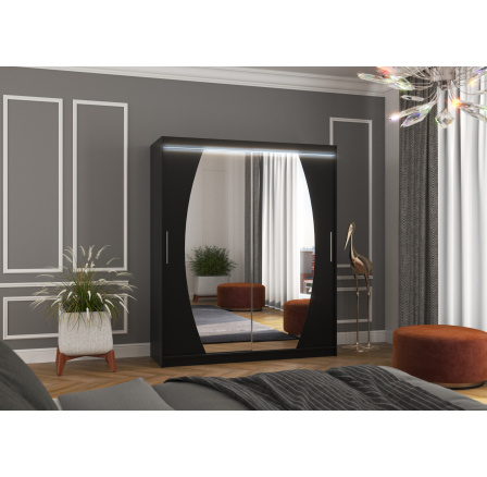 Tolóajtós szekrény tükörrel és LED világítással BALTIMORE 180 Fekete+Fekete