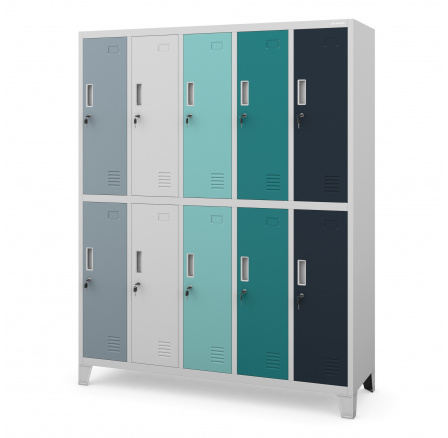 Fém zárható öltözőszekrény 10 rekesszel BARTEK, 1360 x 1720 x 450 mm, szürke-többszínű