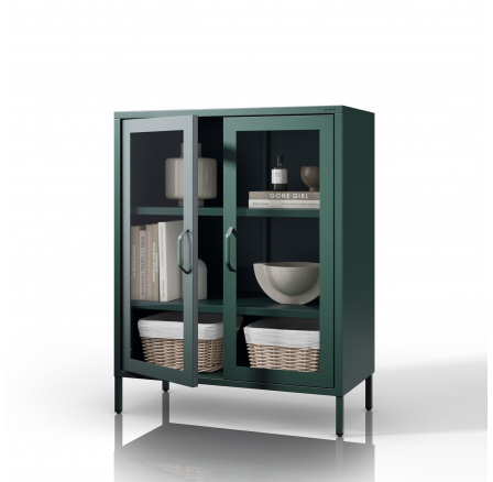 Üvegezett alacsony vitrin palackzöld színben: Modern GINA, 800 x 1015 x 400 mm