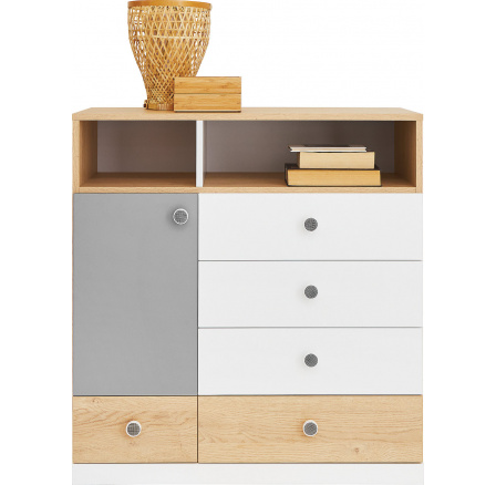 PIXEL PX9 komód, Keksz Tölgy/Fehér Lux/Szürke