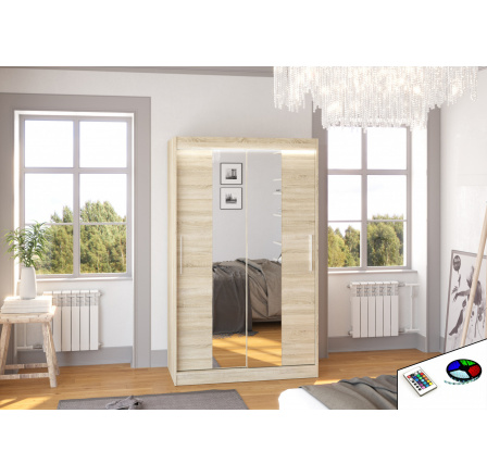 Tolóajtós szekrény tükörrel és LED világítással SANTOS 120 Sonoma+Sonoma