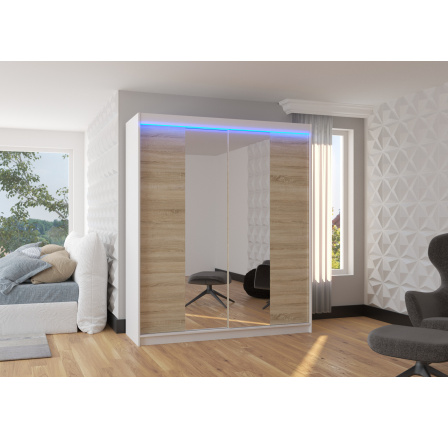 Tolóajtós szekrény tükörrel és LED világítással BALANCE 180 Fehér+Sonoma