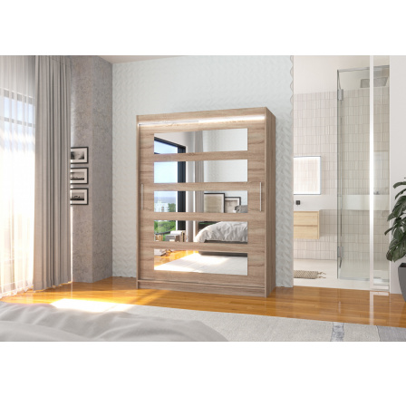 Tolóajtós szekrény tükörrel és LED világítással MURANI 150 Truffle+Truffle