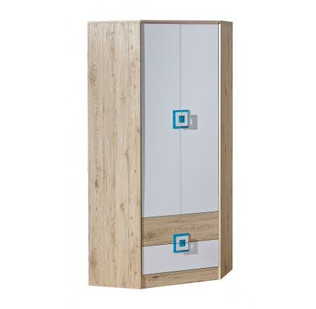 Rohová šatní skříň NICO 02, Světlý Dub/Bílá/Tyrkys