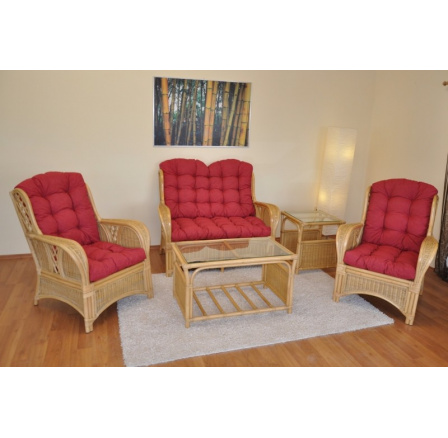 Ratanová sedací souprava Oliver medová, polstry vínový melír