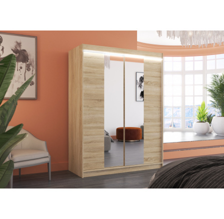 Tolóajtós szekrény tükörrel és LED világítással FEVER 150 Sonoma+Sonoma