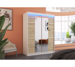 Tolóajtós szekrény tükörrel és LED világítással NORDIC 150 Fehér+Sonoma