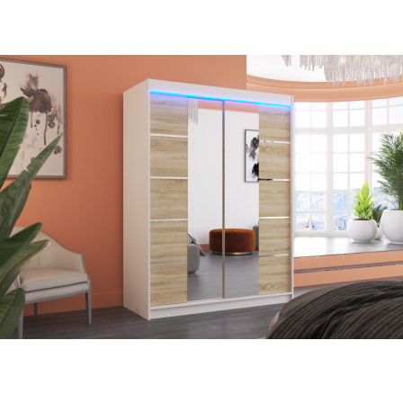 Tolóajtós szekrény tükörrel és LED világítással NORDIC 150 Fehér+Sonoma