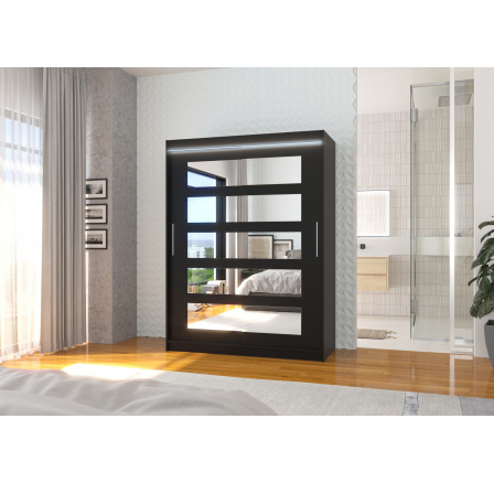 Tolóajtós szekrény tükörrel és LED világítással MURANI 150 Fekete+Fekete