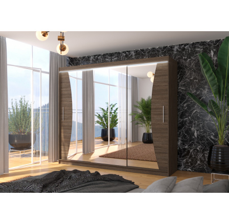 Tolóajtós szekrény, tükörrel és LED világítással DIEGO 250 Choco+Choco