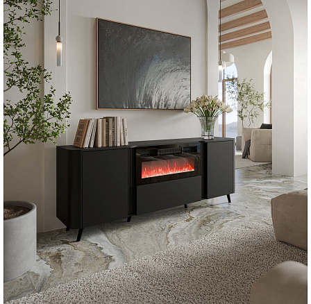 VOLARE komód 200 EF fekete matt/ fekete matt (kandalló szerelési lehetőséggel)