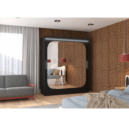 Tolóajtós szekrény tükörrel és LED világítással ARIZONA 180 Fekete+Fekete