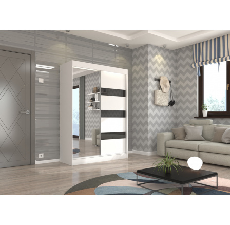 Tolóajtós szekrény tükörrel és lacobellel TOURA 150 Fehér+Fekete Lacobel