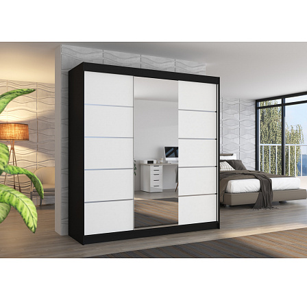 Tolóajtós szekrény tükörrel BERGEN 200 Fekete+Fehér