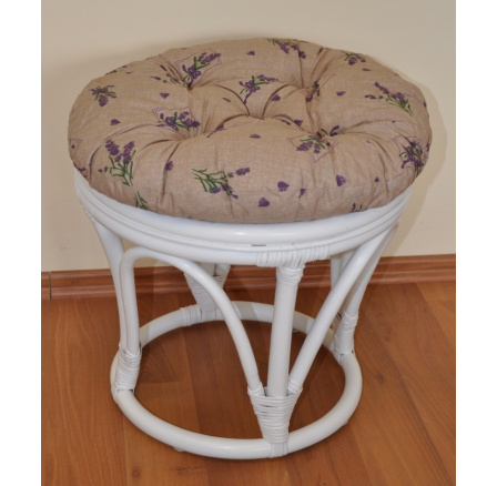 Ratanová taburetka velká bílá polstr levandule