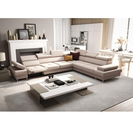 NAROŻNIK Z FUNKCJĄ SPANIA I RELAX GALAXY MAX 350x280 CM - Odcienie beżu , prawa