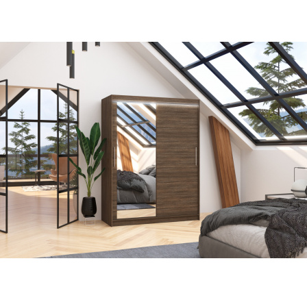 Tolóajtós szekrény tükörrel és LED világítással BIANCO 150 Choco+Choco