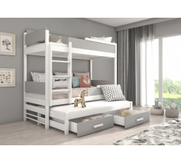 Háromszemélyes emeletes ágy matracokkal QUEEN 180x80 Fehér+Szürke